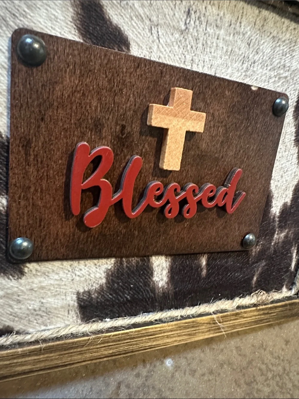 Hand Made Blessed Wall Art Sign with Brown Cowhide and Wood Cross